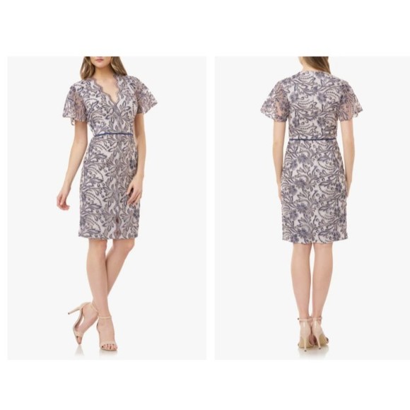 JS COLLECTIONS Navy Sky Blue Embroidered Soutache Flutter Sleeve V-Neck Dress 2 - Picture 1 of 3